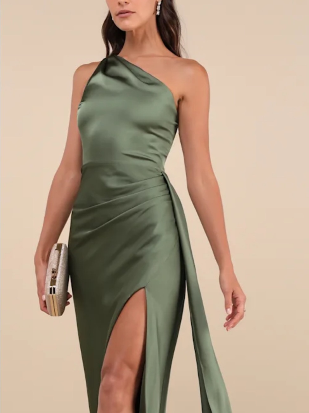 Lulul’s Elegance Olive Green satin one shoulder Maxi dress